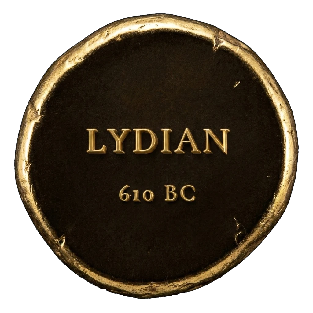 The reverse of the same coin: LYDIAN and 610 BC raised in gold out of the dark field, inside the struck rim.
