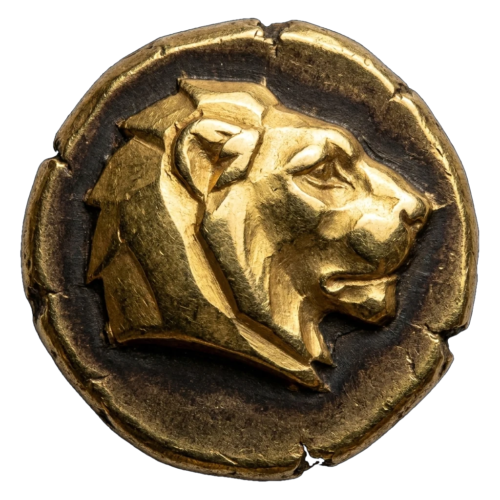 A Lydian gold stater, circa 610 BC: the head of a lion standing in high relief out of a dark struck field.